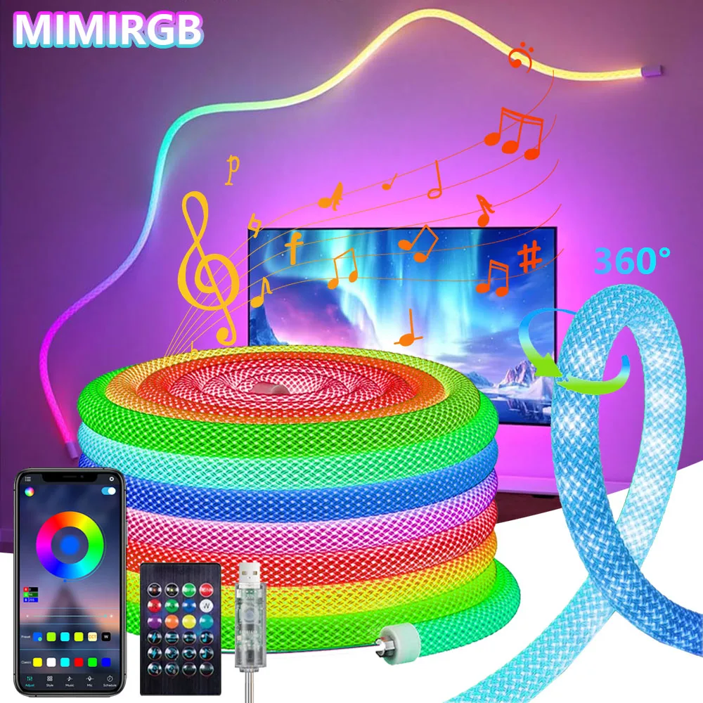360 Glow Round RGB Neon LED Woven Strip Light 24key Bluetooth APP Remote Control 5V USB WS2812B Music Sync Waterproof Rope Decor