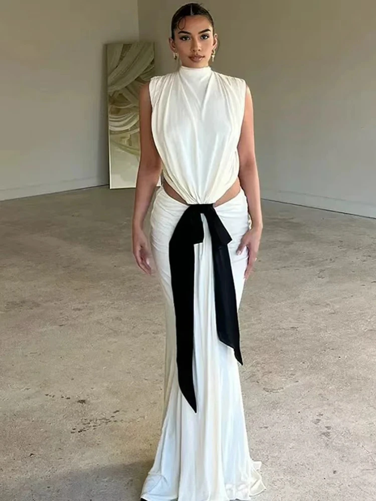 فستان أنيق للتصوير الفوتوغرافي للأمهات برقبة عالية بدون أكمام فستان ماكسي مع ربطة عنق للحمل والتقاط الصور وحفلات استقبال المولود الجديد #3