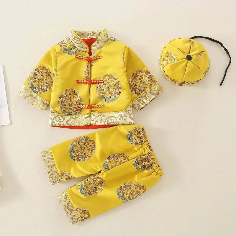 Baby Kids Tang Suit Newborn Chinese Traditional Costumes Photography Clothes Dragon Pattern Brocade Set New Year Gift Hanfu Hat