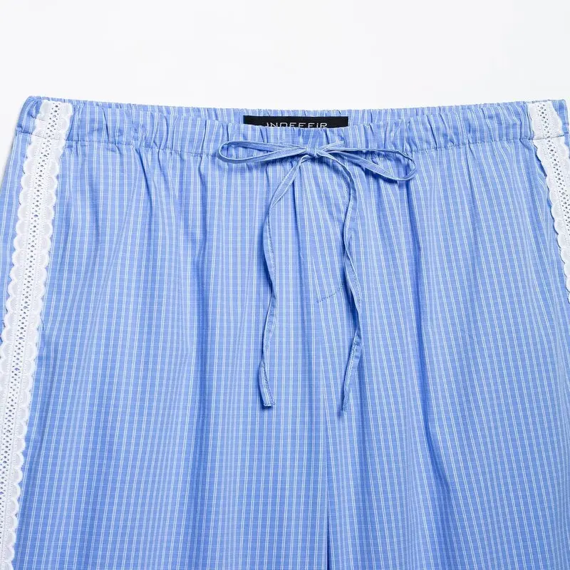 Spring 2025 Women's Faion Versatile Lace Trimmed Plaid Spwear Sle Long Pants l Waist Long Trousers All Match