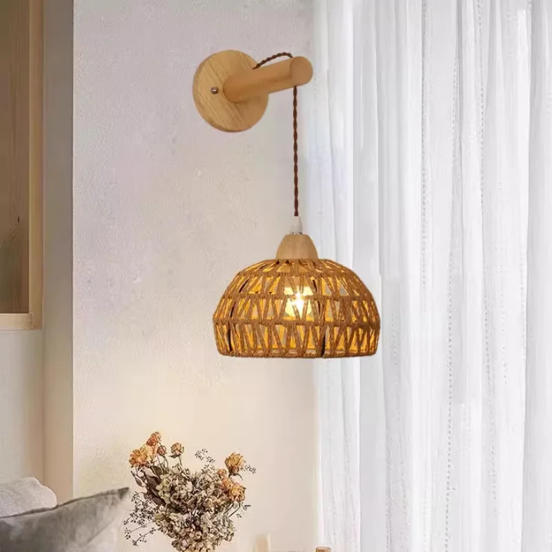 

Nordic Log Bedroom Bedside Wall Lamp Rattan Background Wall Lamp Living Room Study LED Aisle Lamp