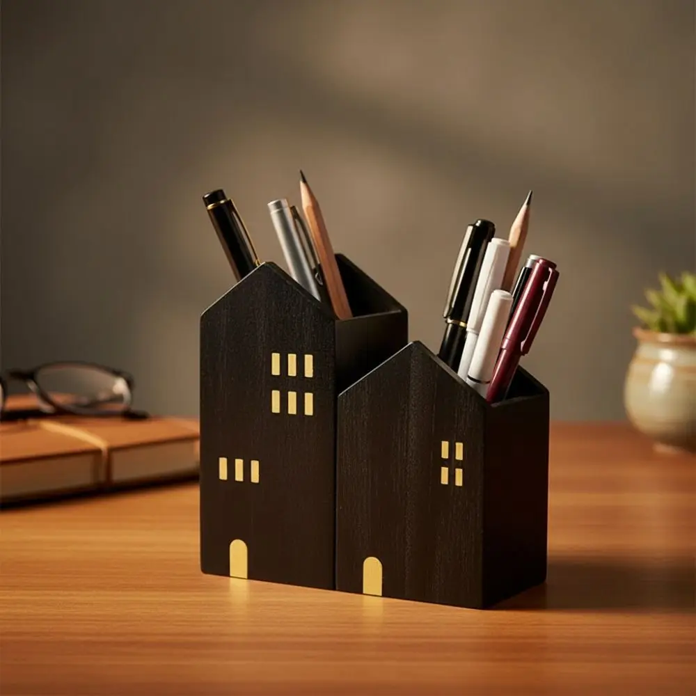 2PCS Wooden House Shape Pen Container Cartoon Polished Surface Makeup Brush Storage Box Vintage Cottage Shape Pen Holder Office