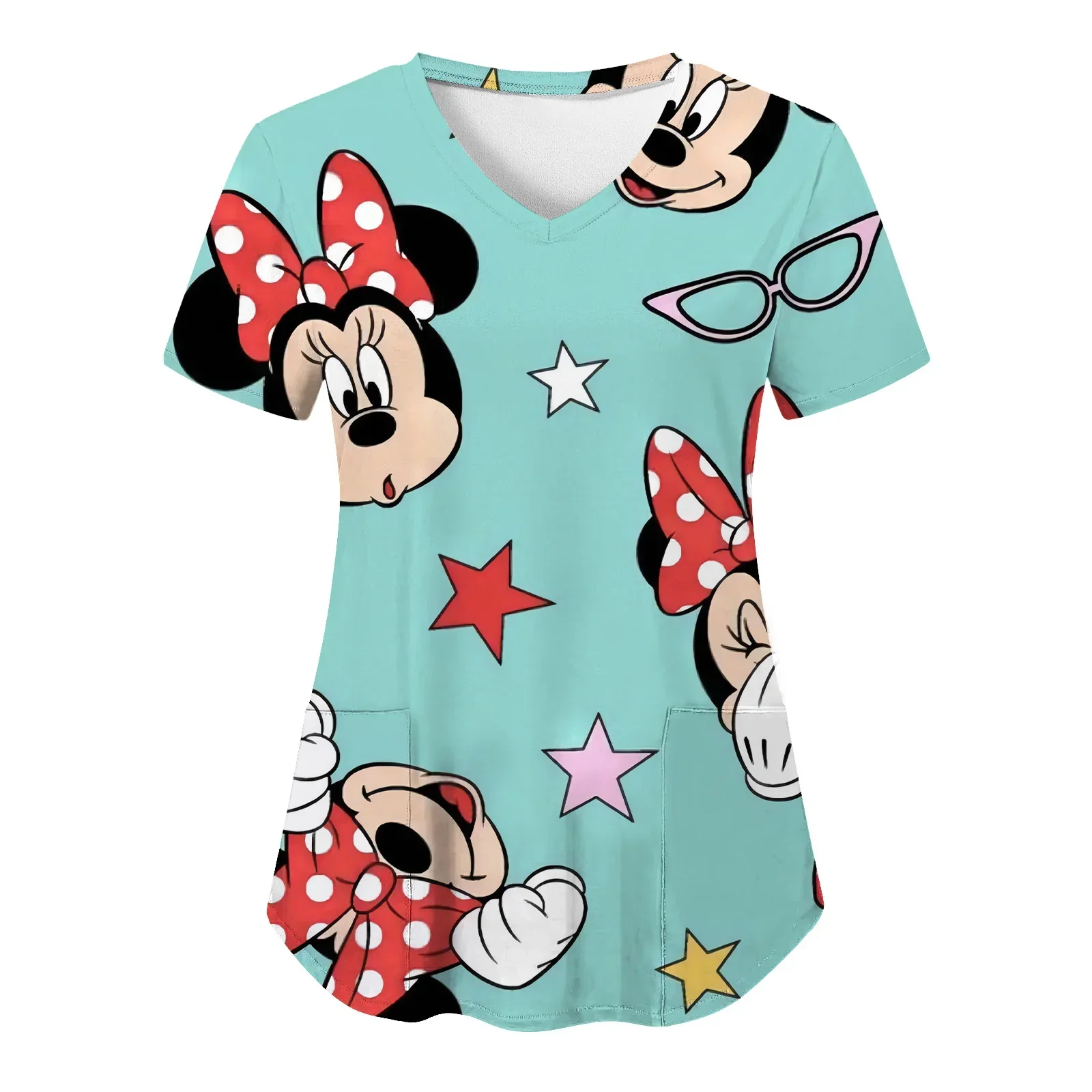 T-shirt V Neck Top Women 2024 Disney Shirts Pocket Woman Clothes Hospital T-shirts Minnie Mouse Tops Mickey Nurse Uniform Tees