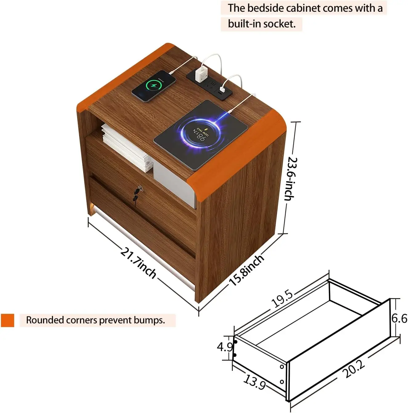Nightstand w/Charging Station, Motion Sensor LED FSC Certified Mid Century Modern Walnut Finish 23.6