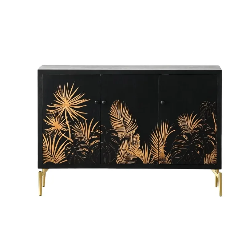 Vintage solid wood buffet table, tropical leaf carved storage side cabinet, with gold metal legs