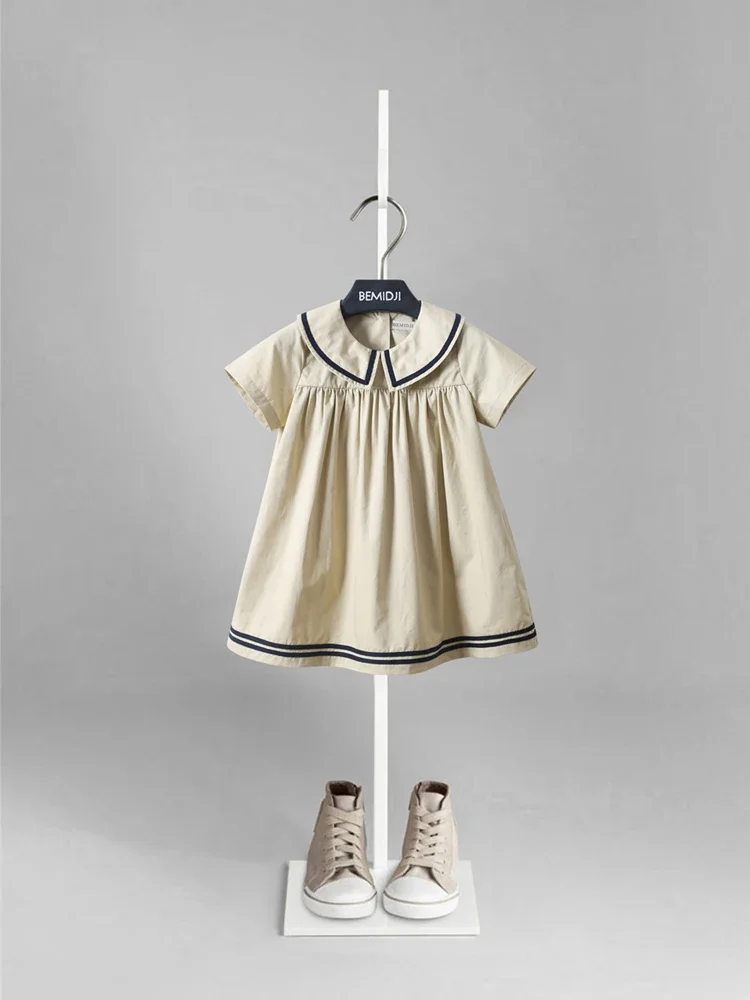 Summer Girls Dress British Style Navy Collar Little Cute Short Sleeved Student School Dress Baby Kids Children's Clothing