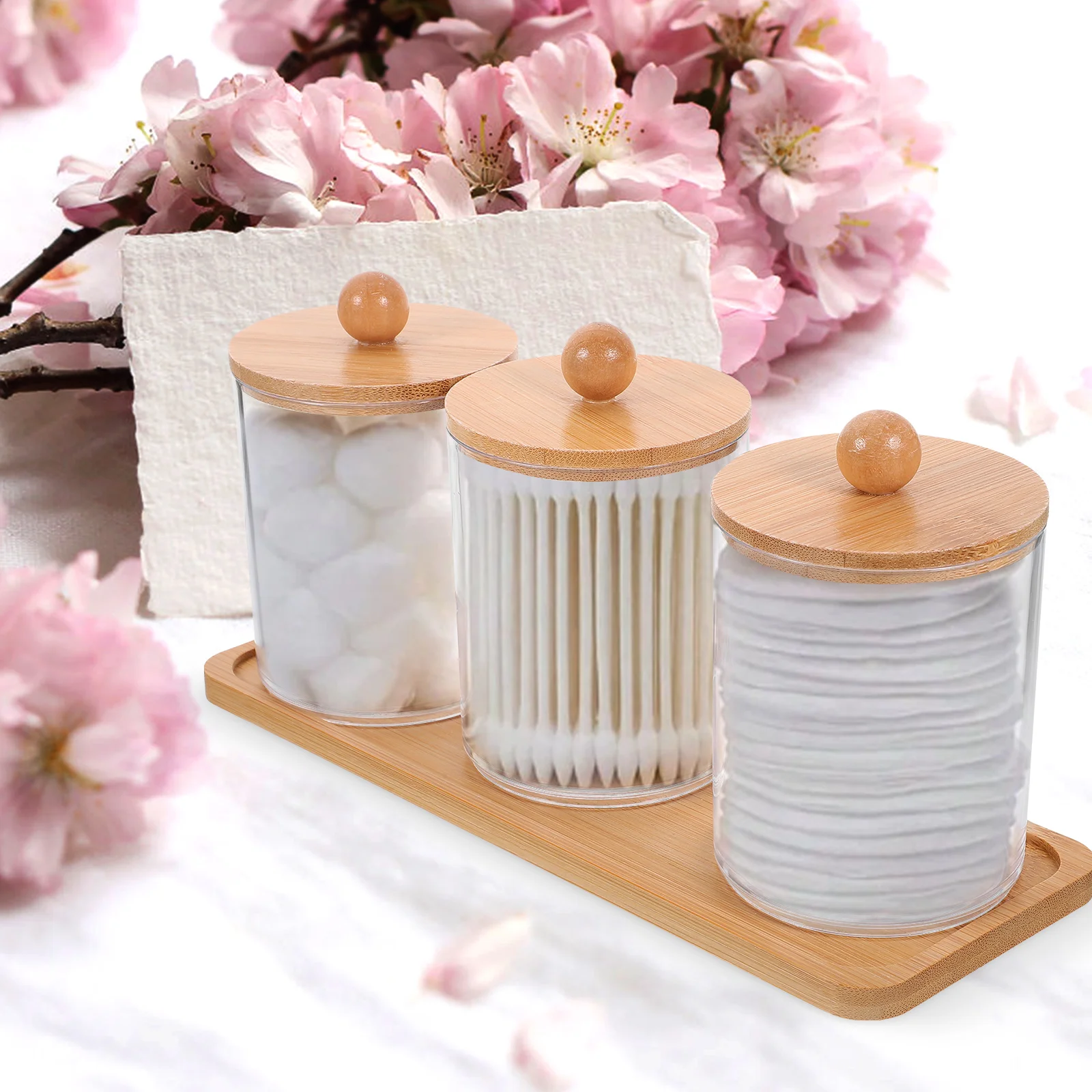 

Makeup Storage Box Transparent Plastic Bamboo Lid Jars Cotton Swab Pad Ball Holder Bathroom ganizer Small Container