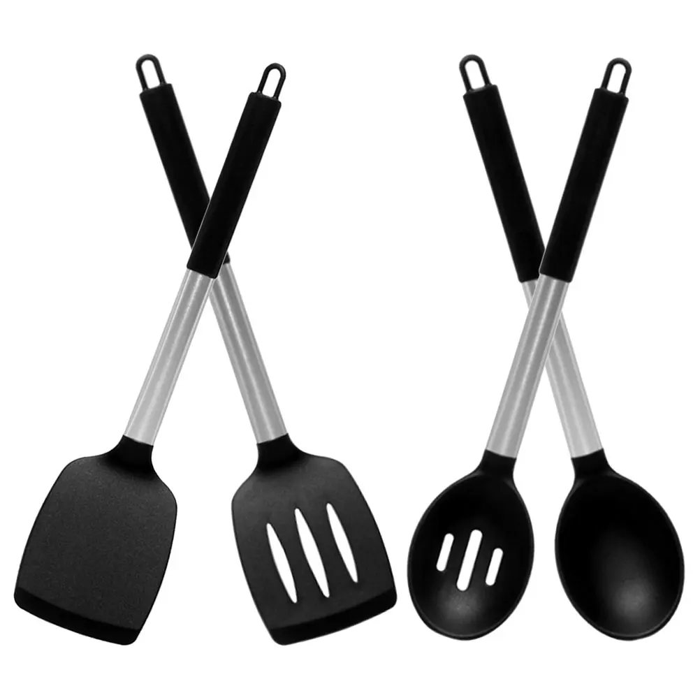 

4 Piece Black Cooking Set Stainless Steel Handle Slotted Spoon Turner Kitchen Tools Silicone Utensils Reusable Heat Resistant