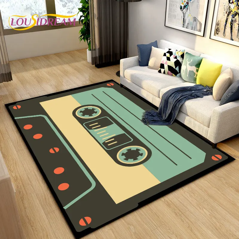 Retro Music Cassette Tape Pattern Area Rug Large,Carpet Rug for Living Room Bedroom Sofa Doormat Decoration,Non-slip Floor Mat