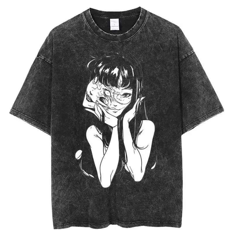 Tomie Junji Ito Richiang Vintage Washing Distressed Printing Short Sleeve T-shirt For Men Crew Neck Ghost Slayer Top