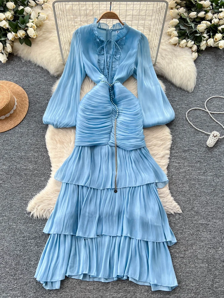 Elegant Long Dress Women's Satin Gown with Belted Waist Lantern Sleeve High Waist A-Line Skirt Korean Style Commute Dress