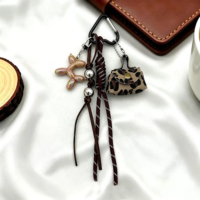 Trendy Leopard Print Purse Keychain Bag Pendant Accesories for Handbag and Backpack Maillard Braid Rope Decor