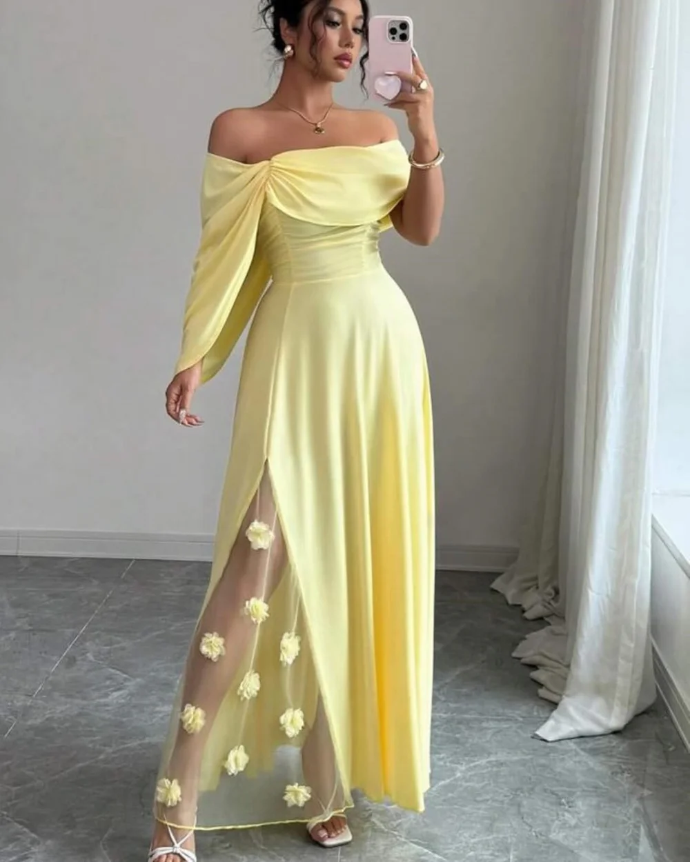 

Customized Matching Sizes Available Jersey Handmade Flower Pleat A-line Off-the-shoulder Midi Dresses Bespoke Occasion Dresses