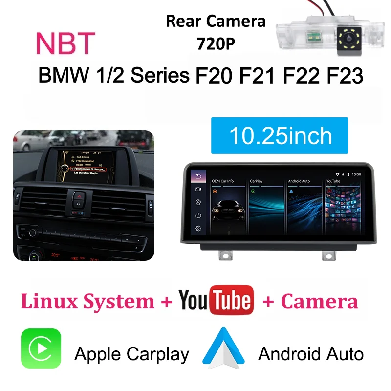 Bonroad 10.25" draadloze CarPlay Android Auto autoradio voor BMW 1 2 3 4 Serie F20 F21 F23 F30 F31 F32 F33 F34 F35 F36 2013-2017