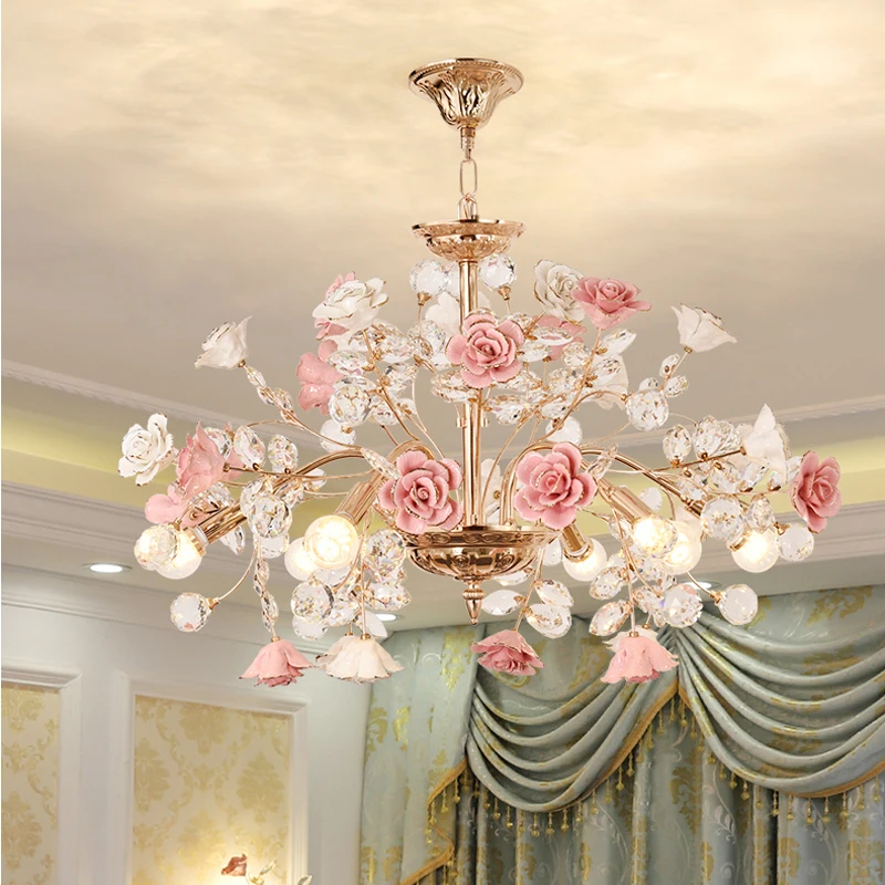 Retro porcelain Crystal Chandeliers LED lustre Living Room Ceramic Flower Lamp indoor home Decoration Chandelier lamp Lighting