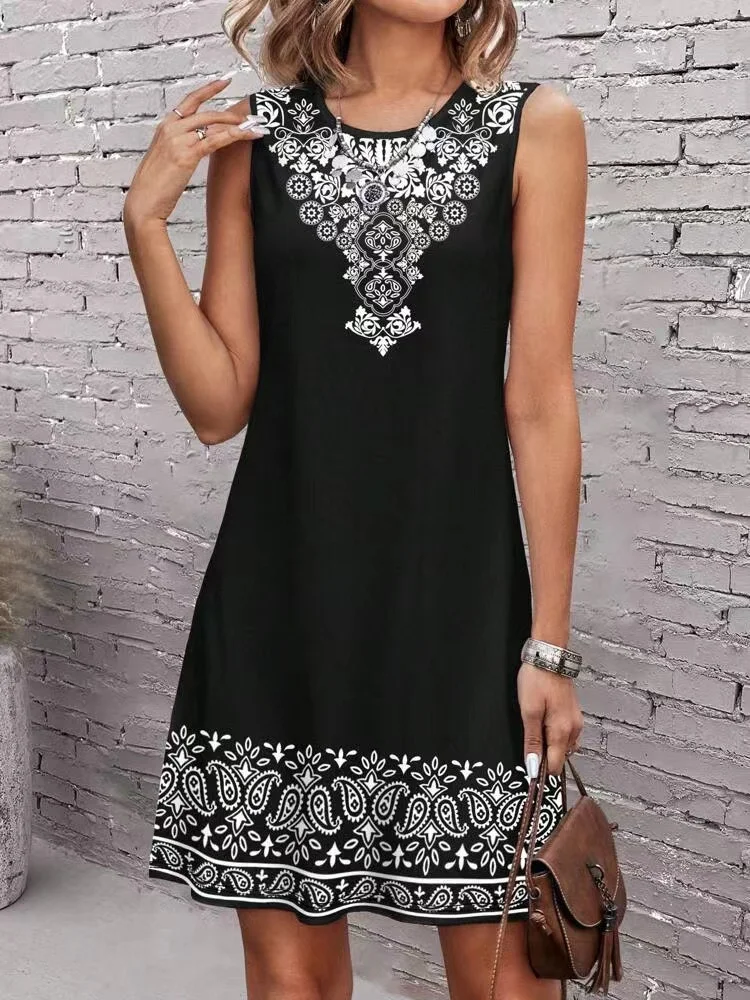 Fashion sleeveless knee-length dress spring and summer new geometric print round neck women's wear S-2XL