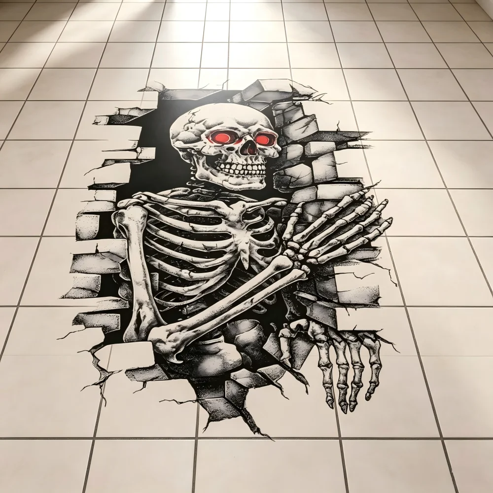 1PC 2D flat broken wall skeleton floor sticker, red eye skeleton crack floor sticker