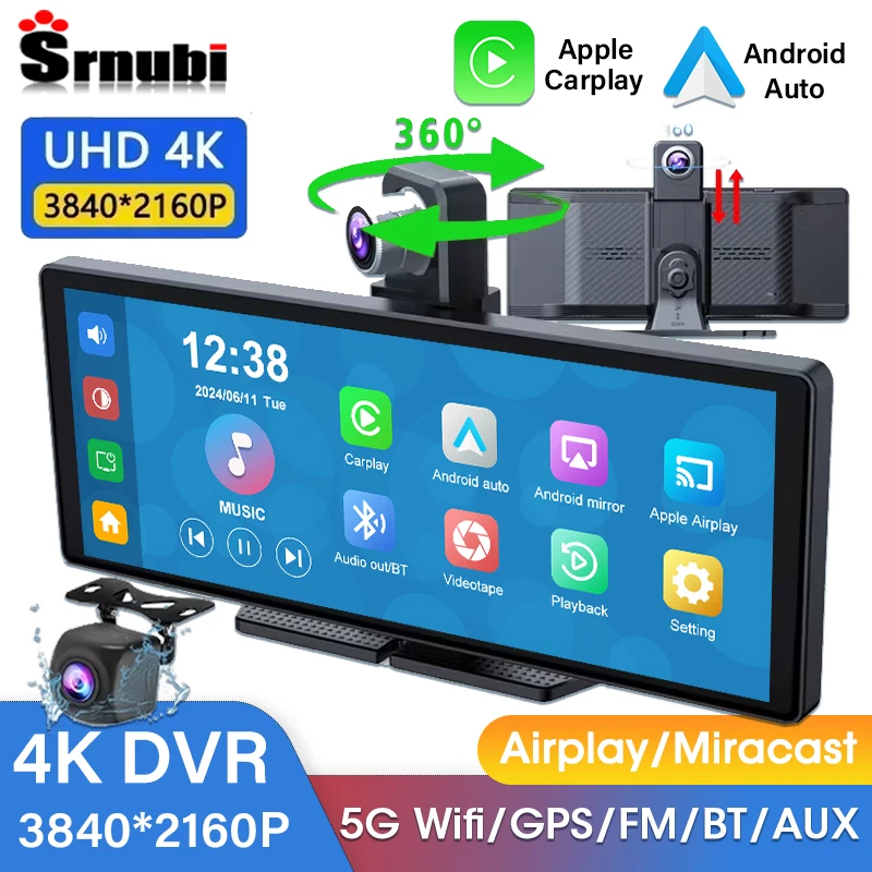 대시 캠 카플레이 및 안드로이드 자동차 DVR 비디오 드라이브 녹음기 스트림, Dahscam 360 ° 회전 카메라, 5G Wifi GPS FM, 10.26 인치 4K 2160P