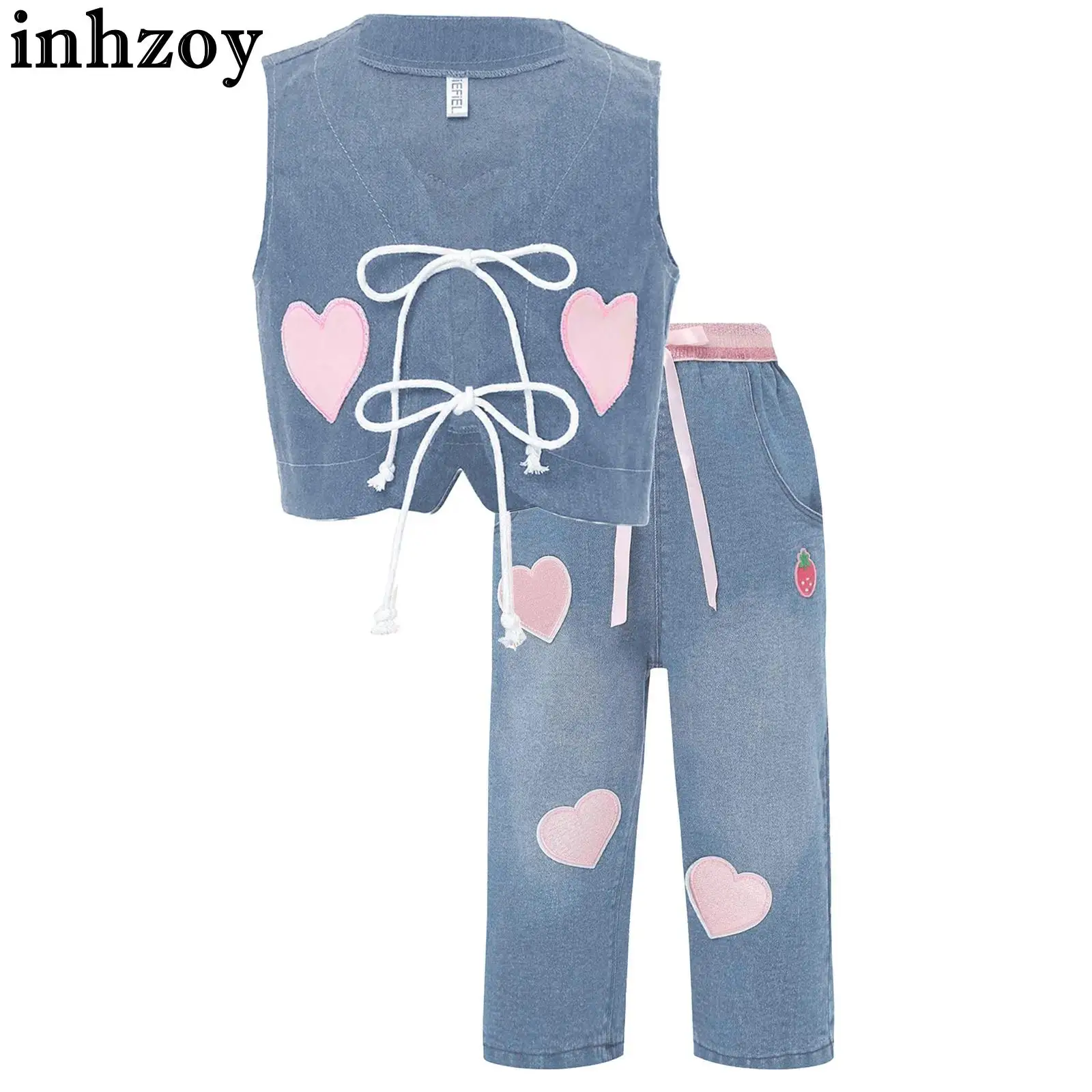 

2pcs Toddler Baby Girls Valentine's Day Outfit Little Girl Cute Hearts Strawberry Embroidery Denim Vest and Jeans Clothing Sets