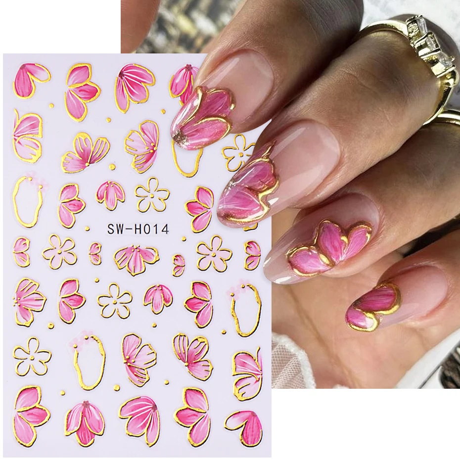 3D Pink Gold Flower Nail Stickers Metallic Gold Line Floral Petals Sakura Sliders Decals Spring Elegant DIY Manicure Decoration