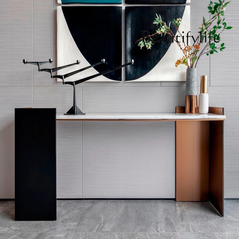 

Italian light luxury entrance, aisle, foyer, entrance table, marble partition, strip case, stainless steel villa entrance