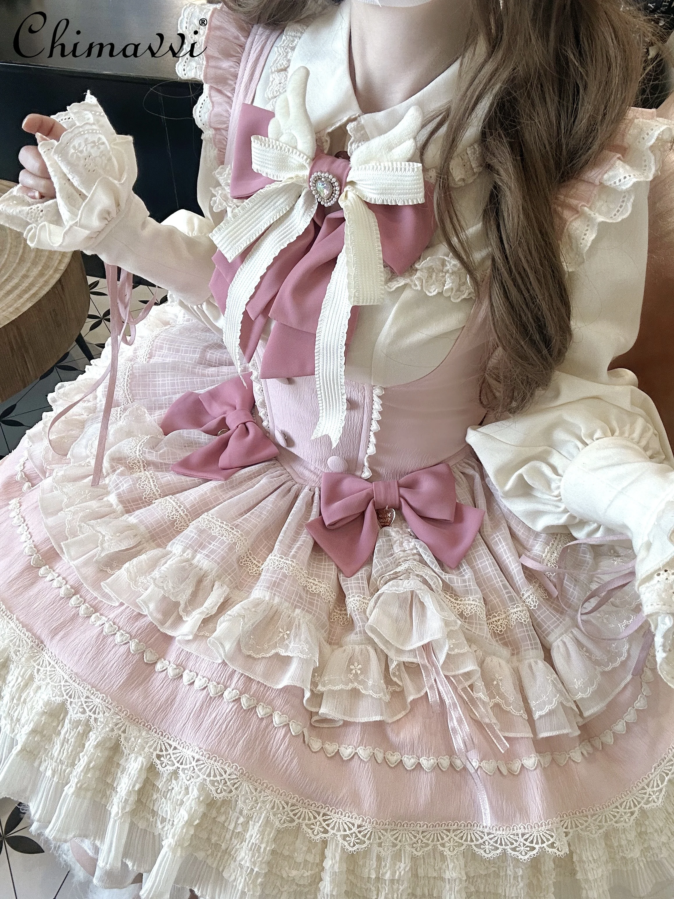 

Original Princess Lolita Sweet Cute Bow High Waist Jsk Dress Long Sleeve Shirt Two-piece Set 2025 New Kawaii Women Dress Sets