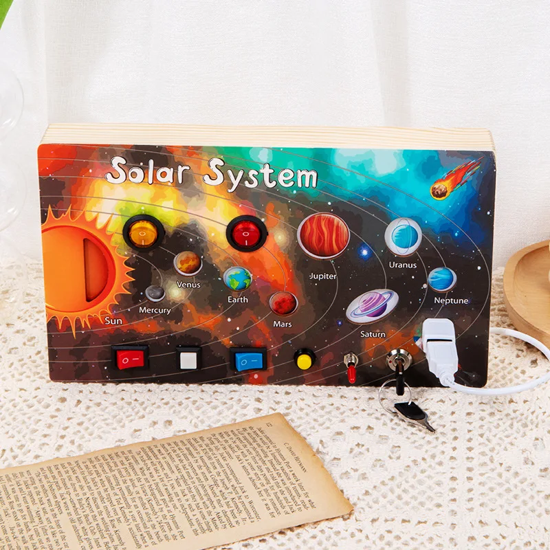 Solar System LED Light Busy Board Wooden Electronic Busyboard Switch Physical Educational Montessori Toys for Kids Daily Skill