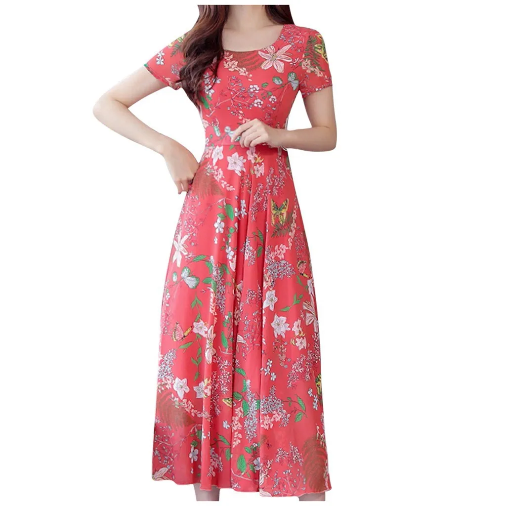 Vestido veraniego para mujer, prenda elegante con estampado Floral, manga corta, cintura alta, plisado, informal, cuello redondo, versátil