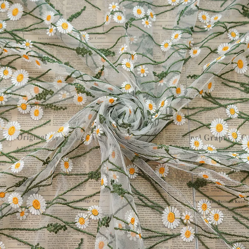 Spring/Summer Daisy Women\'s Dress Embroidered Mesh Fabric Fresh Dress Fabric Designer Sewing Accessories By The Meter