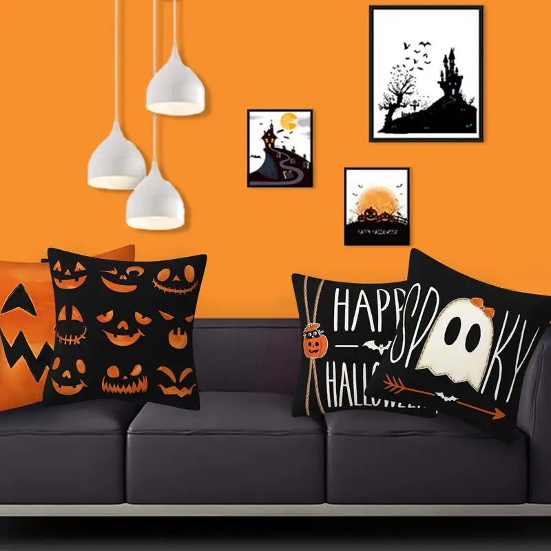 Halloween Throw Pillow Covers 18x18 Set Of 4 Decorative Linen Throw Cushion Cover Happy Halloween Pillow Cases Home Decor Trick