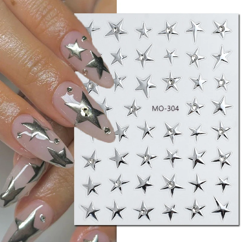 

5D Embossed Nail Art Decals Silver Irregular Five-points Stars Adhesive Sliders Nails Stickers Decorations For Manicure