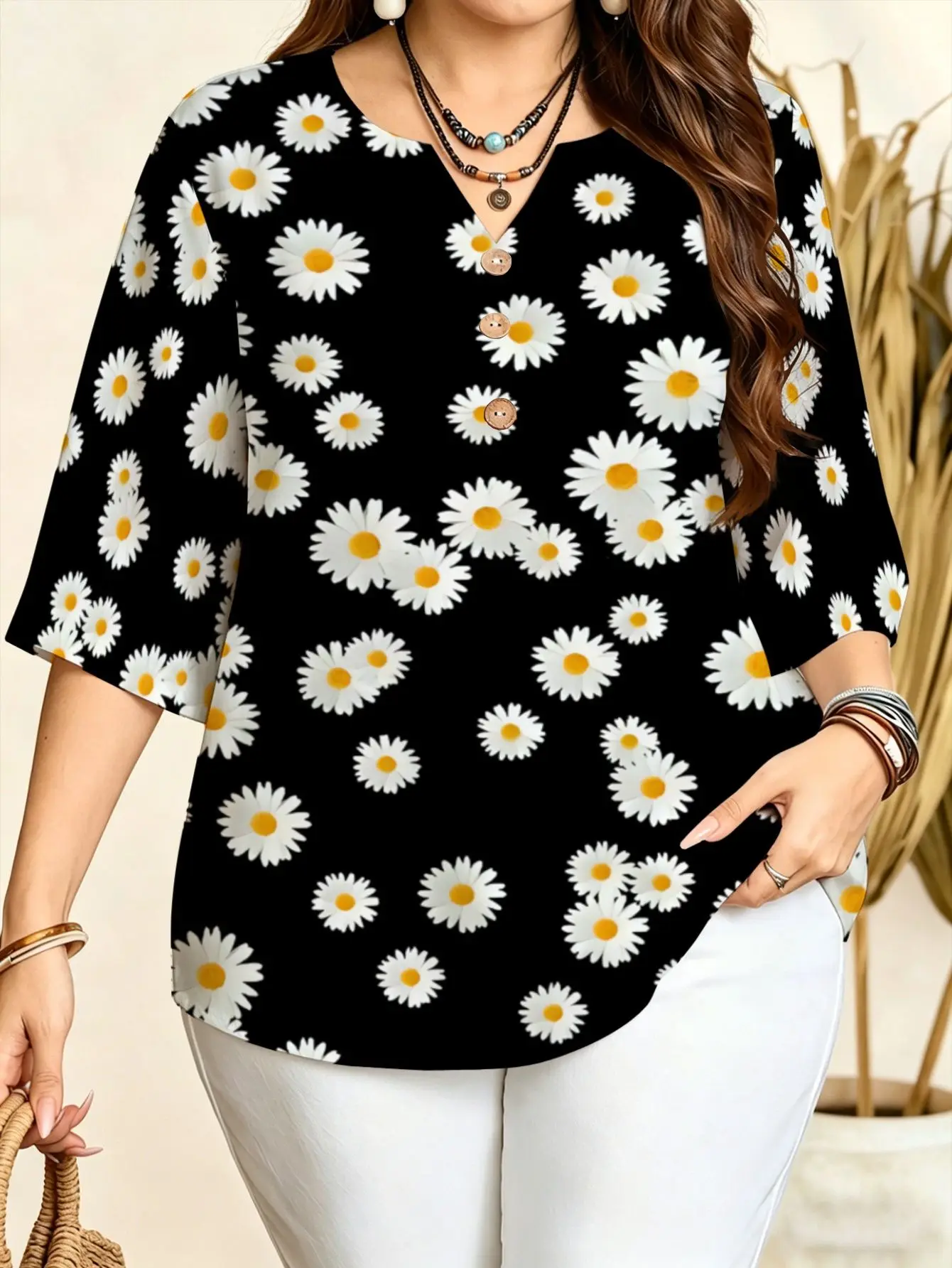 All Over Floral Daisy Cherry Blossom Print Women Blouse 3/4 Sleeve Notch V Neck Decor Buttons Summer Daily Casual Tops
