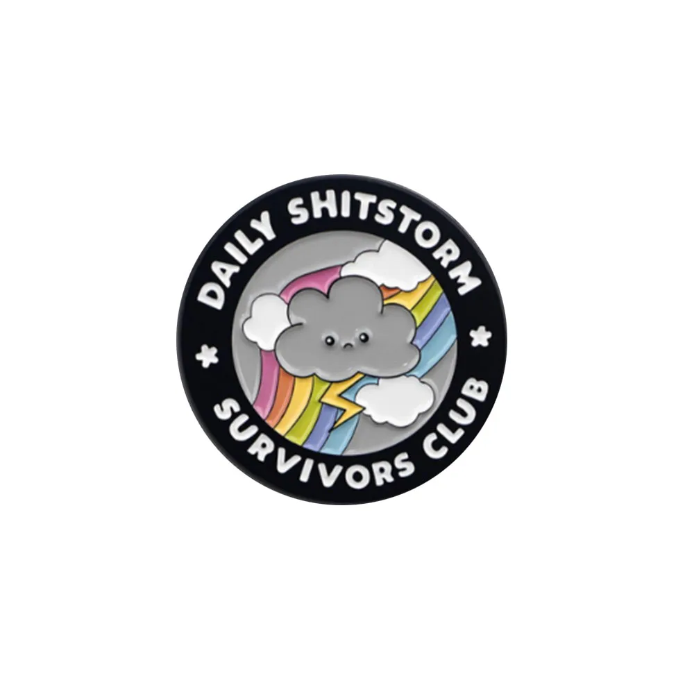 Rainbow Cloud Badge DAILY SHITSTORM SURVIVORS CLUB, Dark Humor Lightning Rainbow Design, Stress Relief Gift for Office Workers