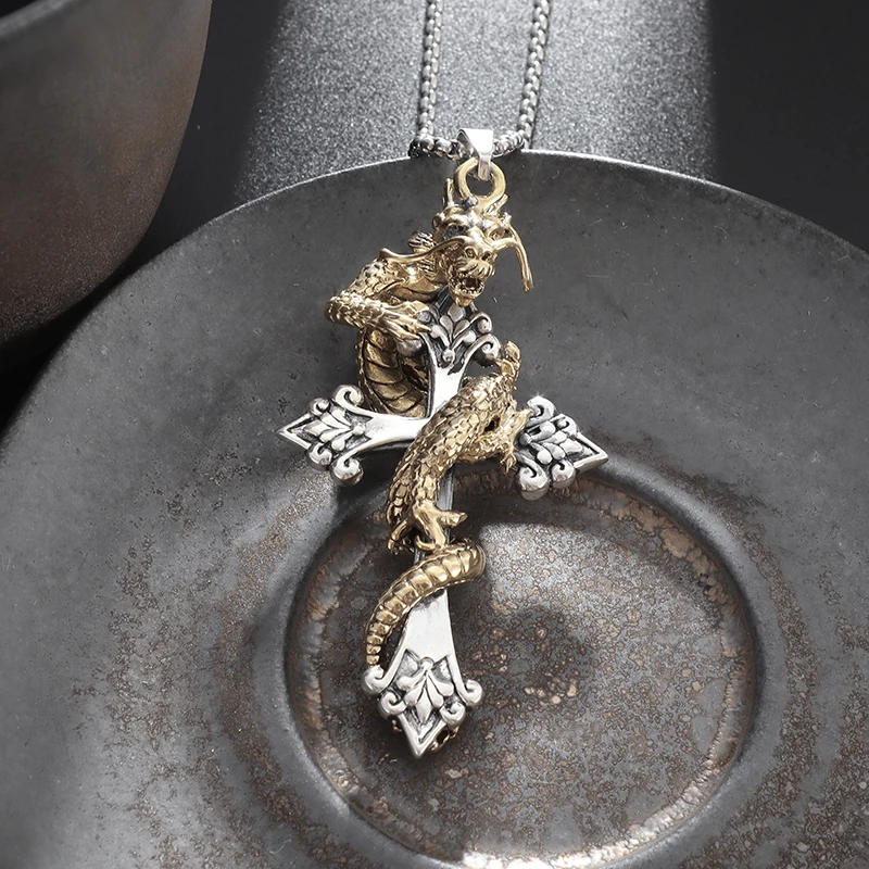 Retro Domineering Auspicious Dragon Coiled Cross Necklace Men's Punk Hip Hop Rock Amulet Jewelry Gift