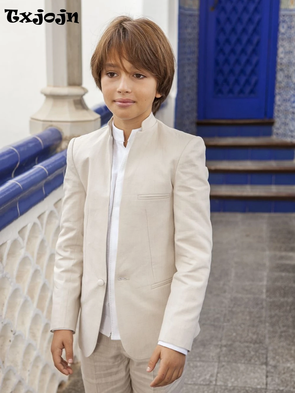 Beige Boys Linen Suit Set 2 Pieces Jacket Pants Outdoor Activities Handsome Comfortable Kids Tuxedo Summer Beach Wedding Wear