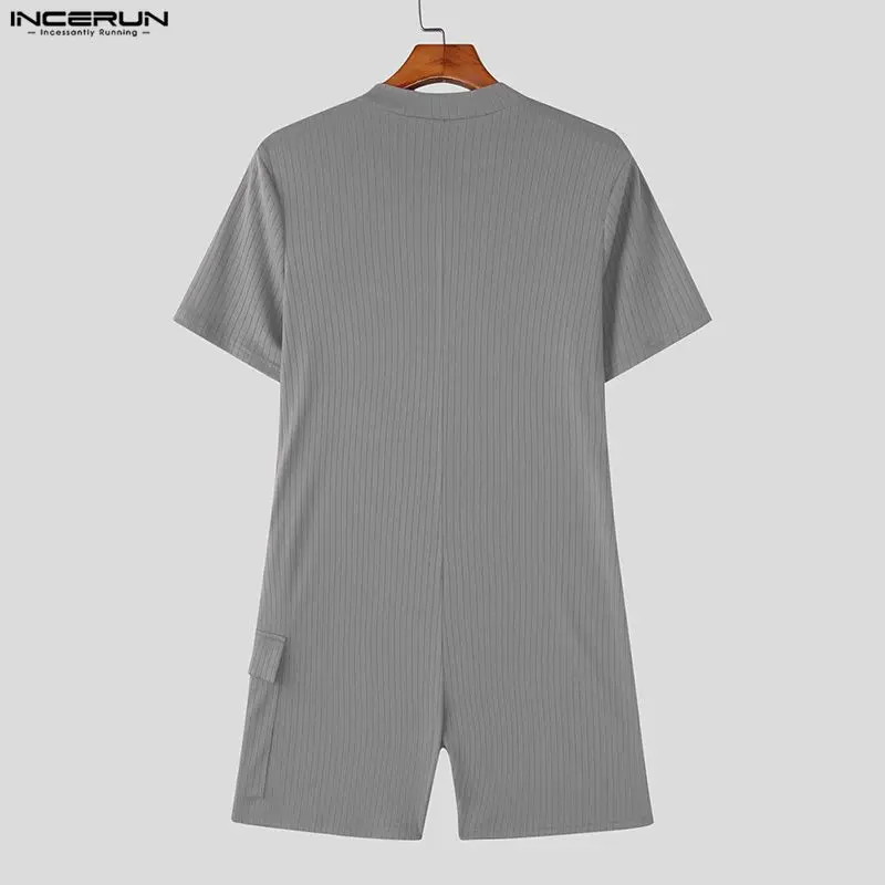 INCERUN Men Bodysuits Solid Color Short Sleeve Knitted Zipper Playsuits Male Rompers 2026 Summer Workout Casual Men Bodysuit image 5