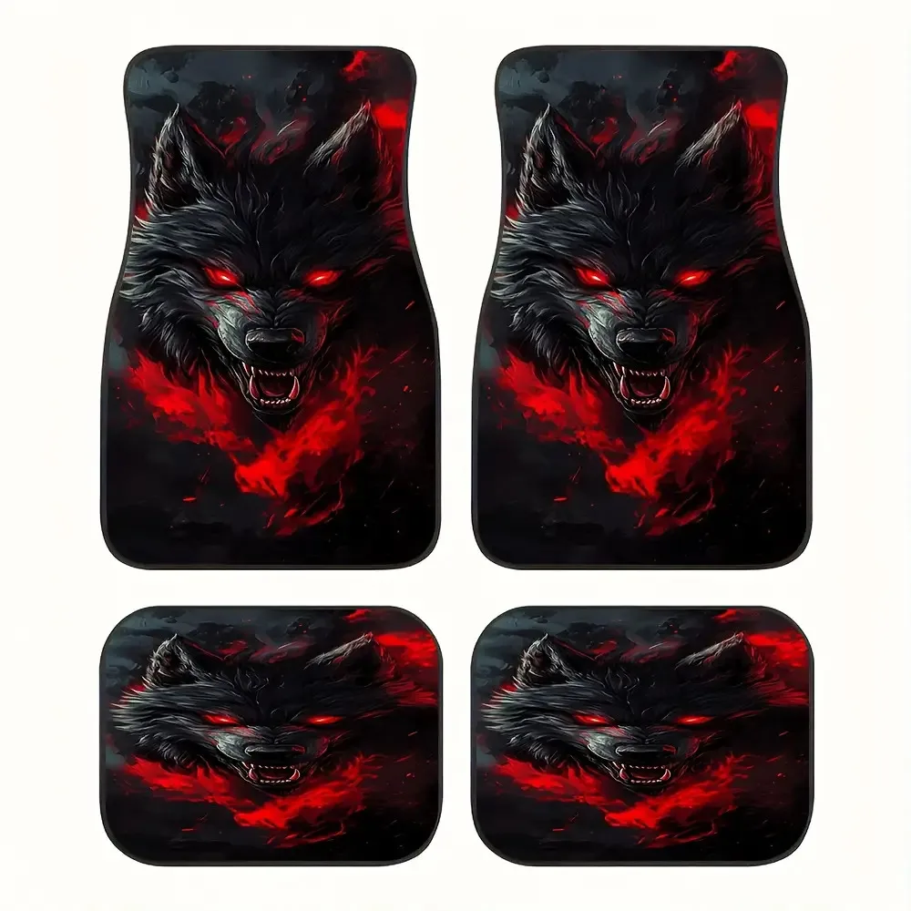 

4pcs Set Blood Red Wolf Pattern Car Floor Mats Universal Front And Rear Floor Mats Vehicle Interior Upgrade Strong Pattern Desig