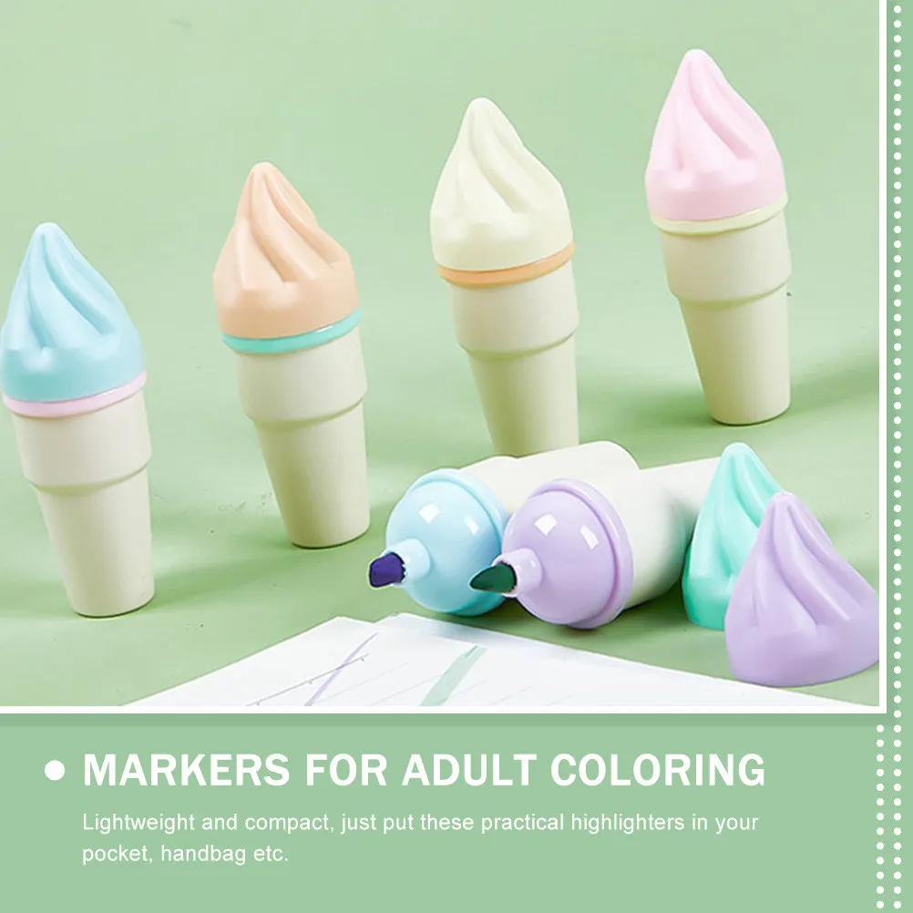 6Pcs Ice Cream Cone Colored Highlighters Multicolor Graffiti Markers Portable Novelty Small Markers for School Work Scrapbooking
