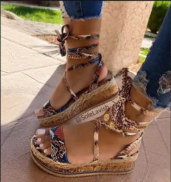 New Summer Women Snake Sandals Platform Heels Cross Strap Ankle Lace Peep Toe Beach Party Ladies Shoes Zapatos Sandals