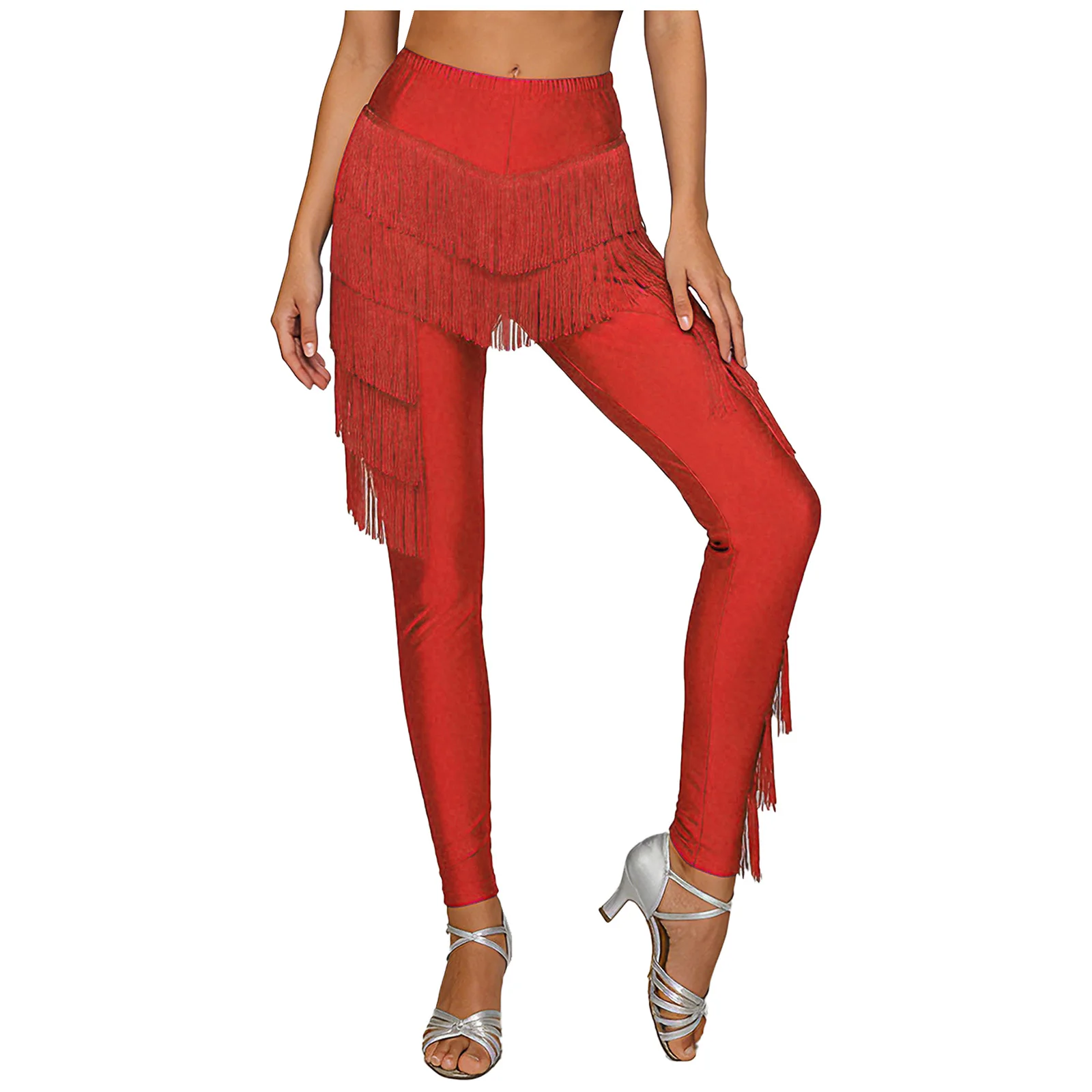 

Women Latin Dance Fringed Pants Tiered Tassel Trousers Elastic Waistband Leggings for Jazz Cha-cha Tango Cha-cha Dance Costume