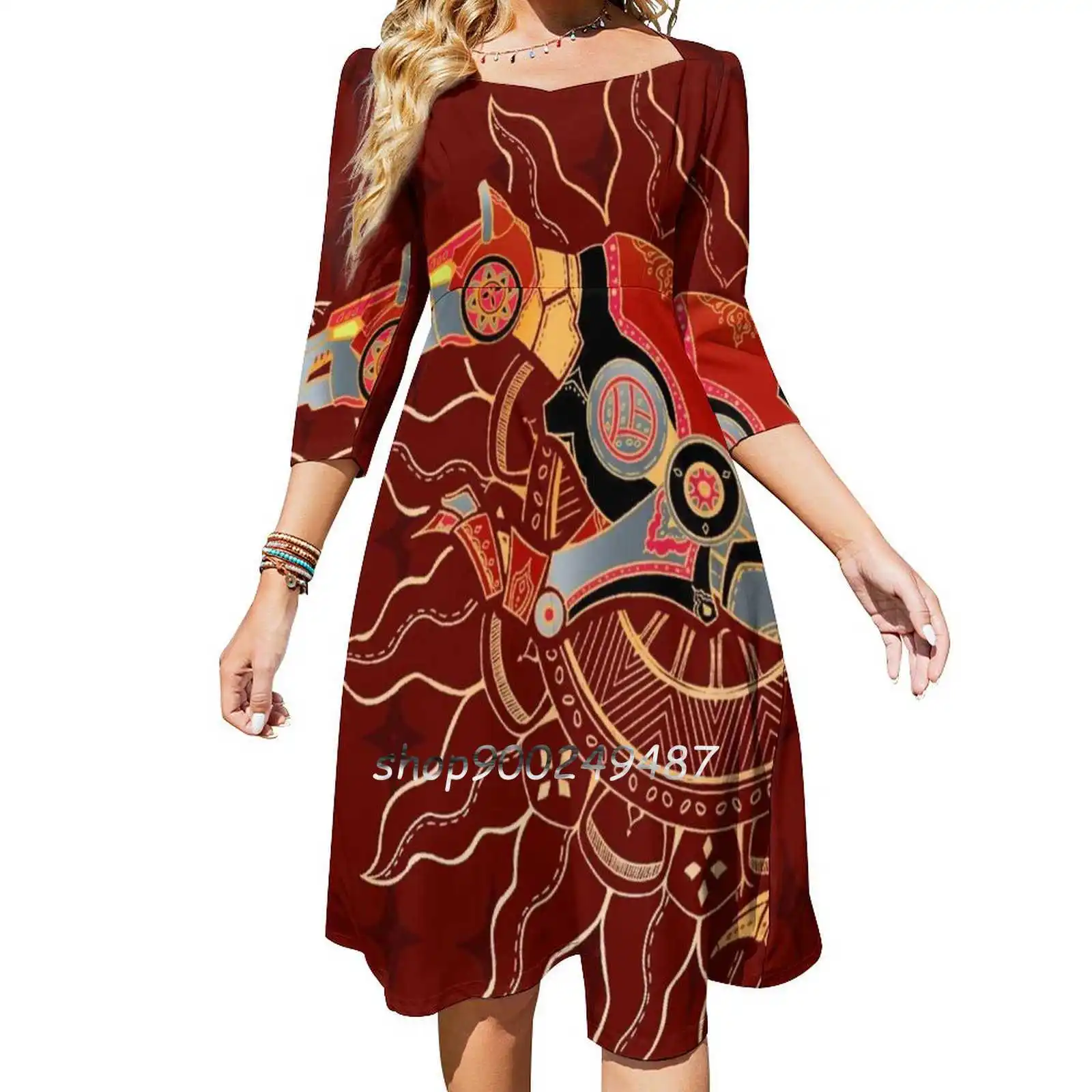 Red Lion Batik Square Neck Dress Cute Loose Print Dresses Elegant Beach Party Dress Batik Keith Keith Kogane Voltron Voltron