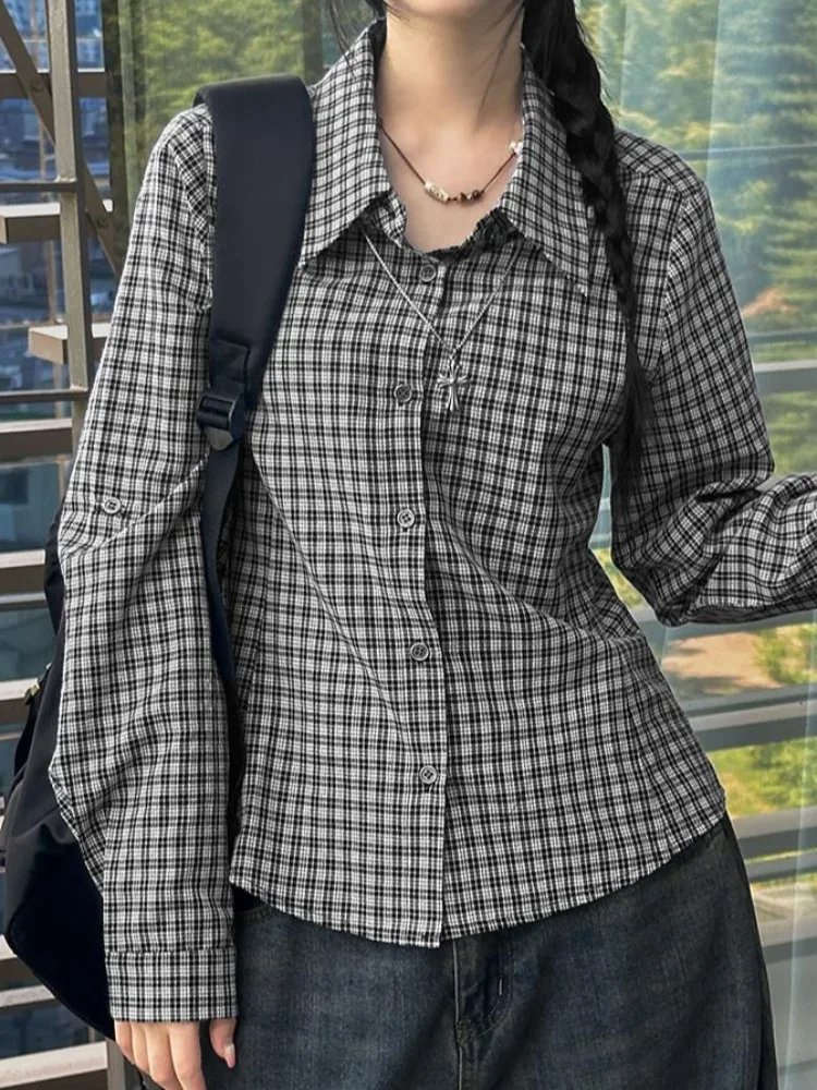 

Chic Spring Anti-Aging Single Button Plaid Waist-Cinching Slimming Long Sve Women's Base irt Casual Sle Polyester Fiber