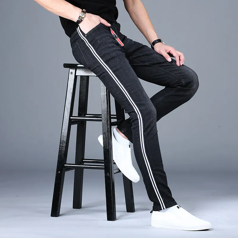 2024 New High-End Striped Jeans Men\'s Fashion Korean Style Fashionable Stretch Soft Slim Fit Skinny Casual Versatile Trousers