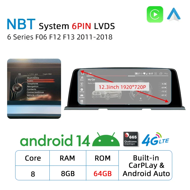 Android 14 8+128GB CarPlay，BMW 6 Series F06 F12 F13 2011-2018 GPS Car Multimedia Player Navigation Auto Radio Stereo DSP SWC