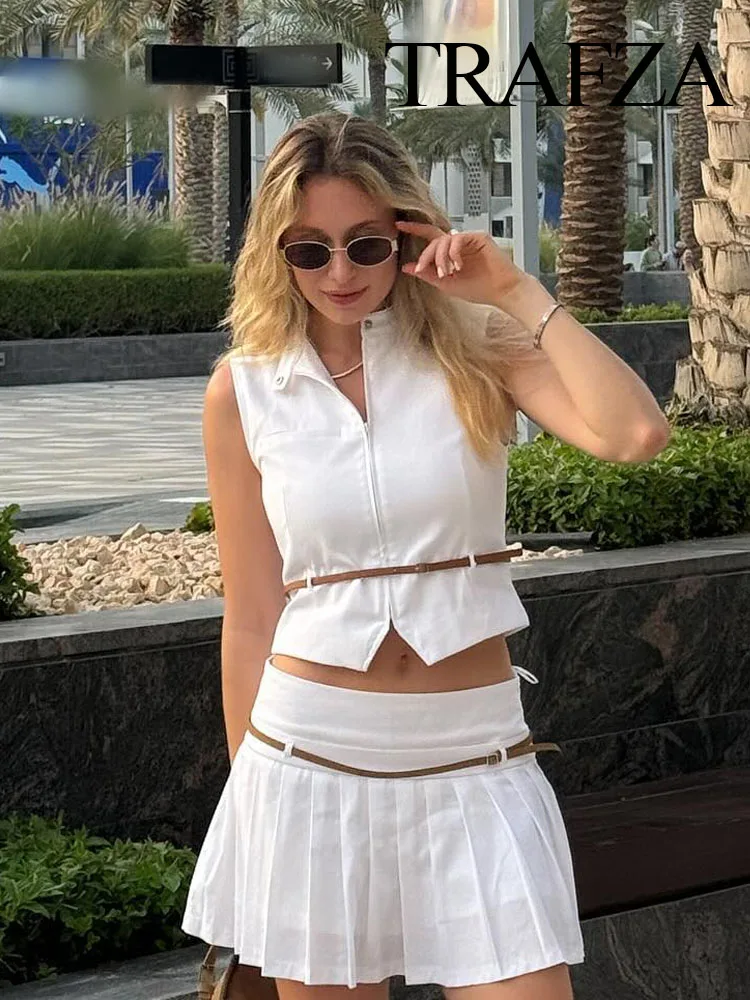 TRAFZA Women 2 Piece Set Elegant Zipper Belt Design Solid Sleeveless Vest Top+Vintage Slim Zipper Pleated Mini Skirt Shorts