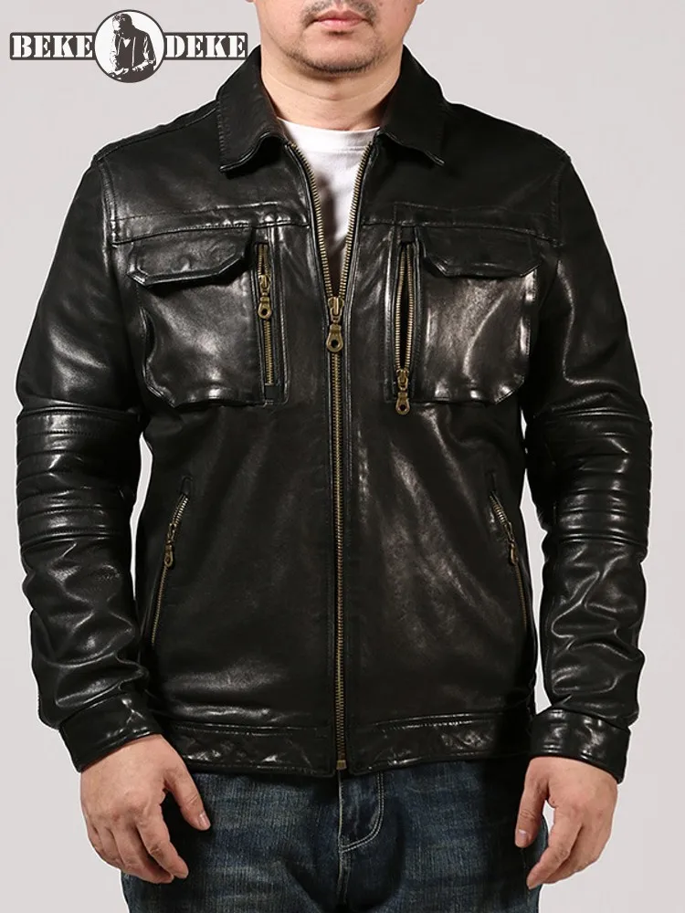 

Italian Design Hunting Jacket Men Work Sheespkin Genuine Leather Coat Multi Pockets Moto Biker Real Leather Jacket Plus Size 6XL