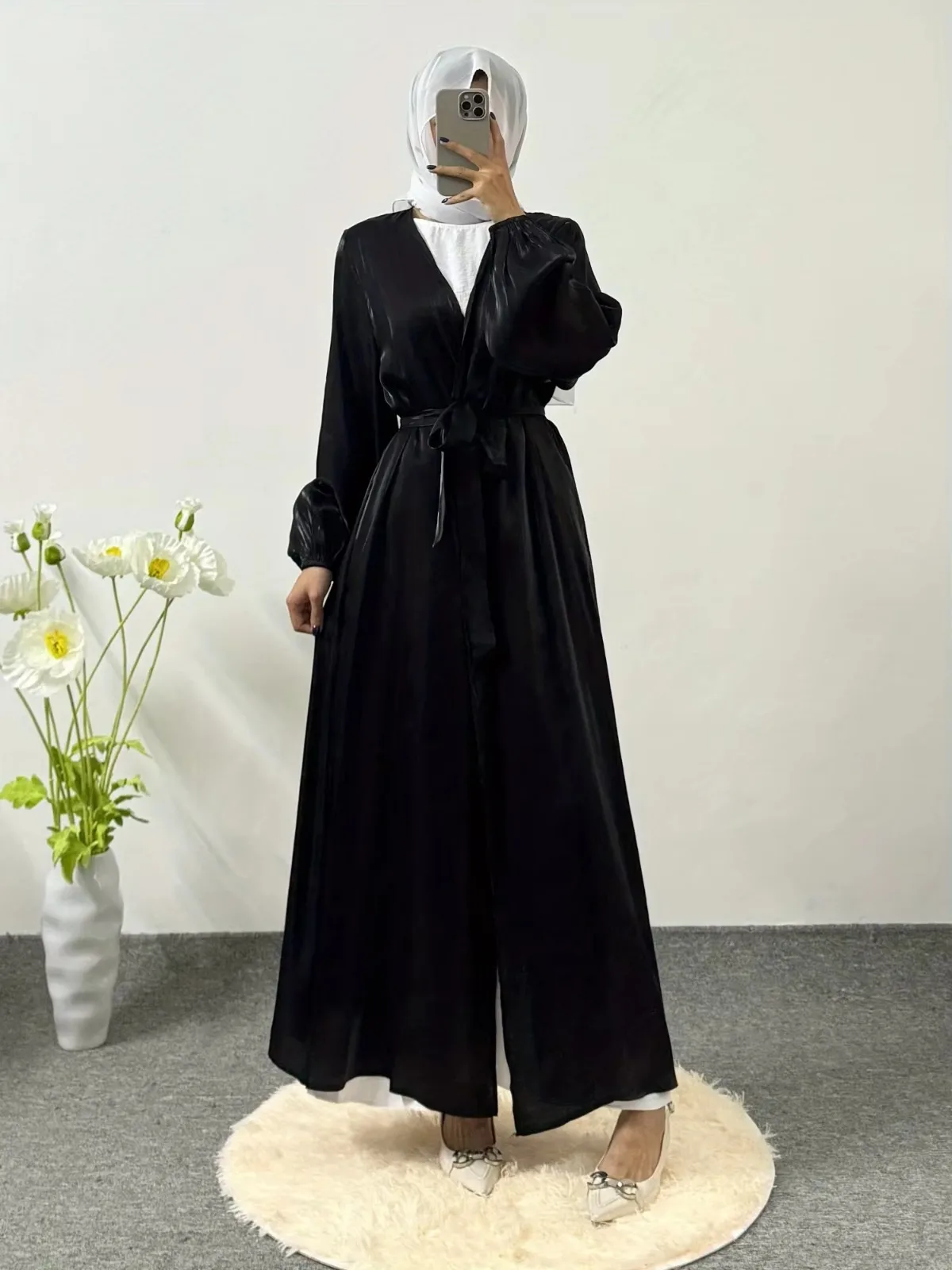 Open Front Abaya Muslim Long Sleeve Wearout Kaftans Maxi Dress With Belt Women Jilbabs Dubai Robe Caftan Women\'s Clothing Abayas