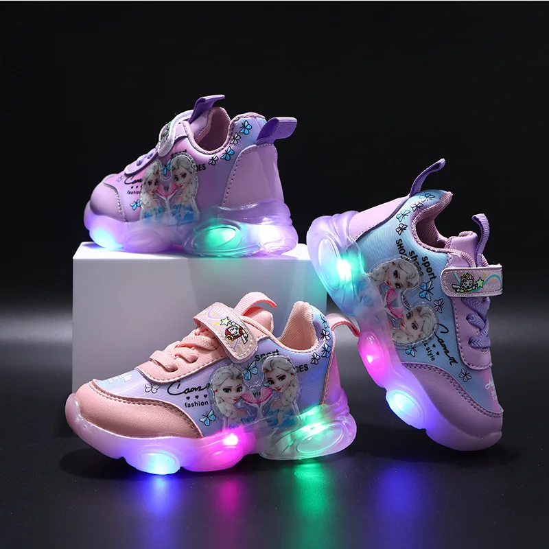 Disney LED Casual Sneakers For Spring Girls Frozen Elsa Princess Print Pu Leather Shoes Children Lighted Non-slip Shoes