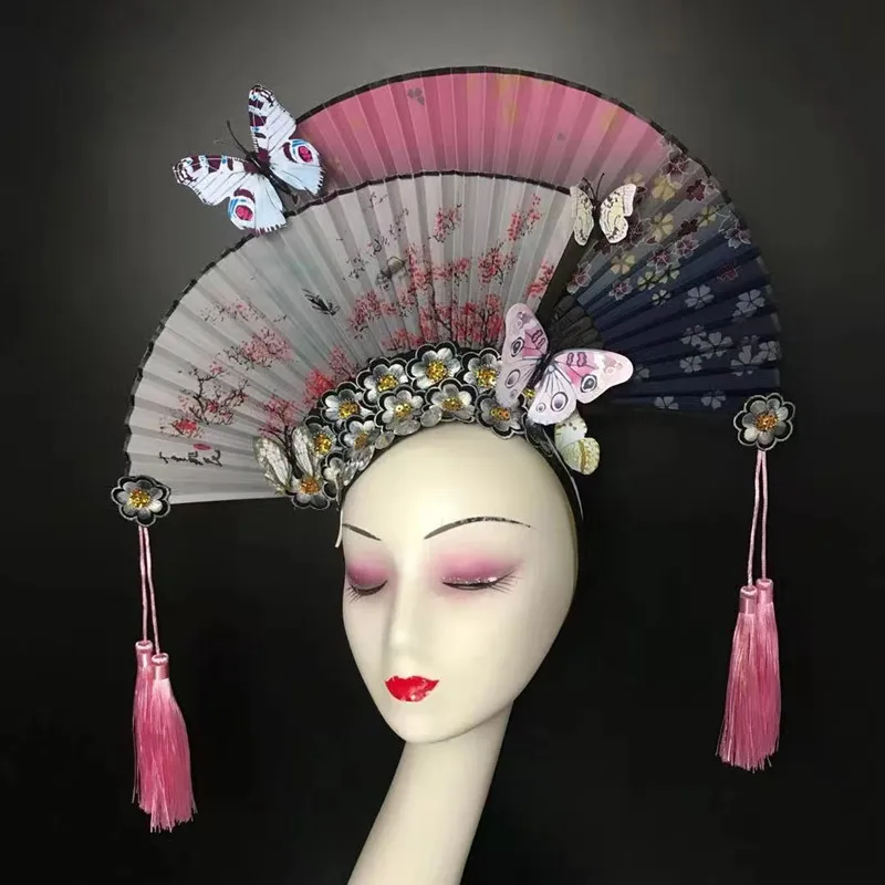 Original Chinese Style Model Stage Show Makeup Fan Flower Tassel Creative Headwear Classical Dance Fan Tassel Creative Headwear