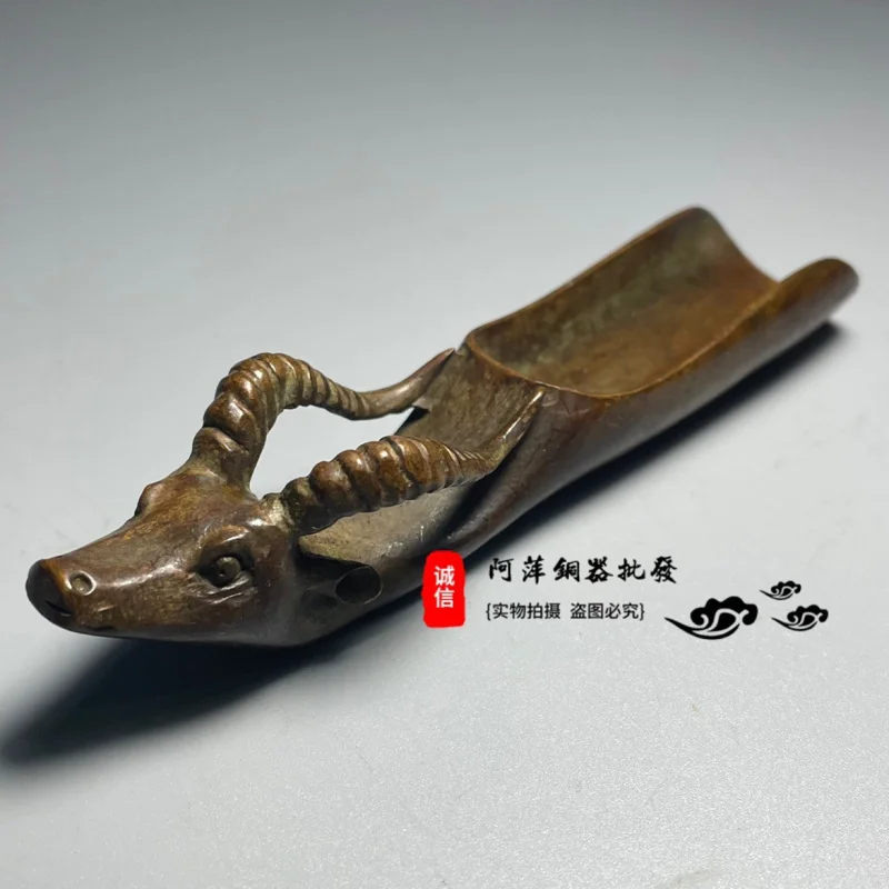 Antique Bronze Miscellaneous Collection Retro Nostalgic Copper Tea Side Sheep Head Tea Shovel Animal Faucet Tea Spoon Tea Utensi